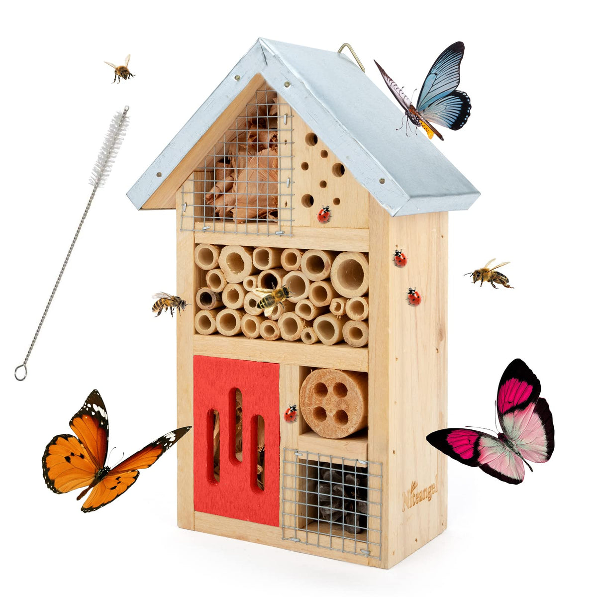Niteangel insect hotel wooden box provides safe shelter for garden creatures.