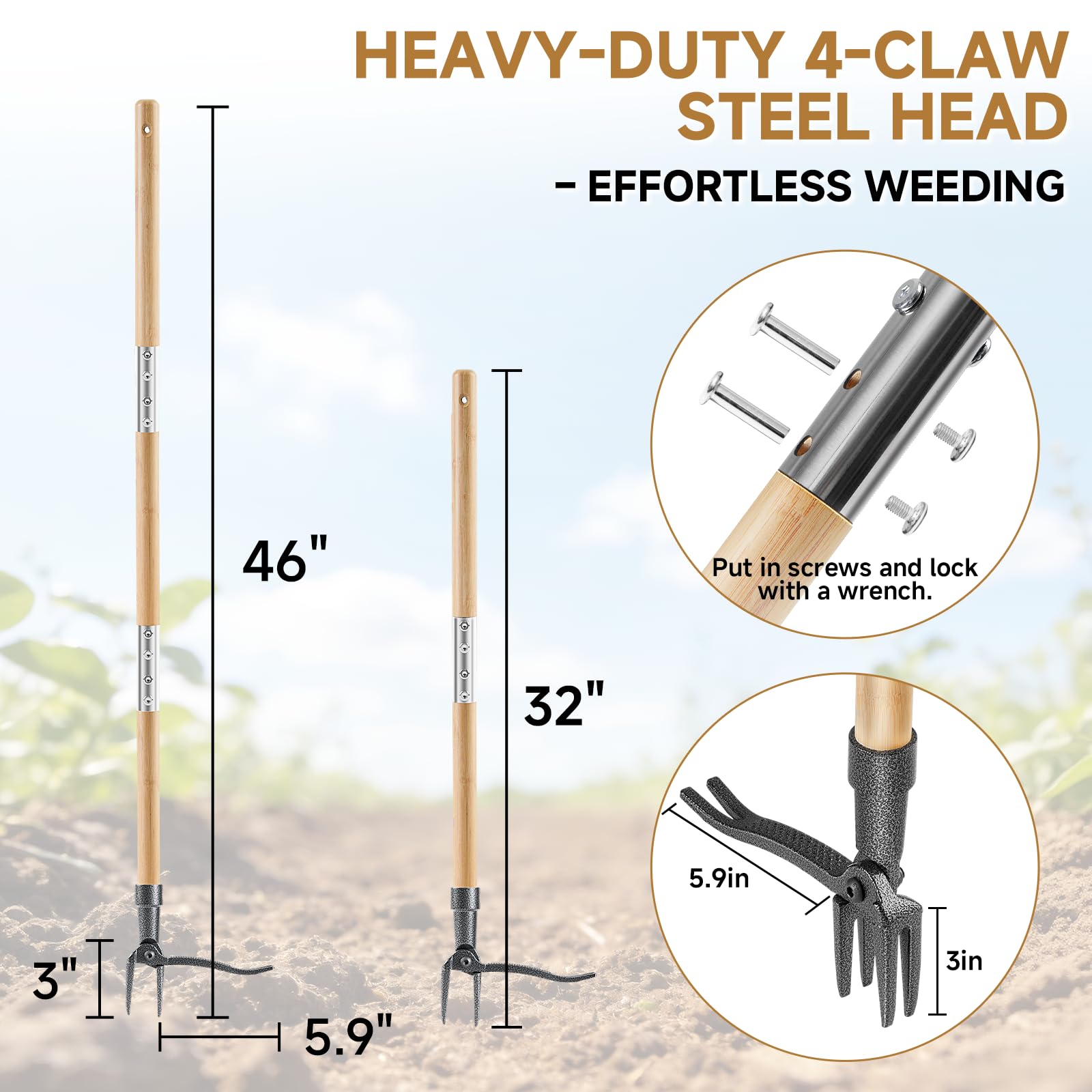 Niulight 4-claw steel head grips weed roots for thorough removal.