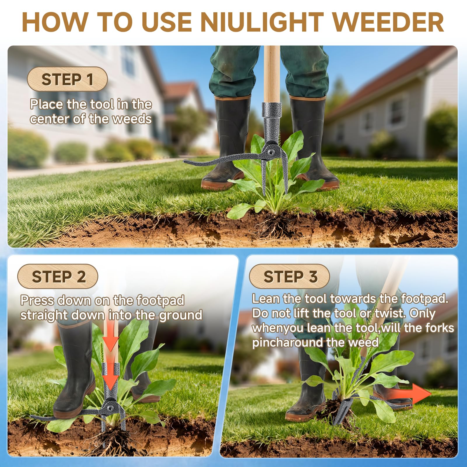 Niulight foot-pedal action powers weed extraction without bending.