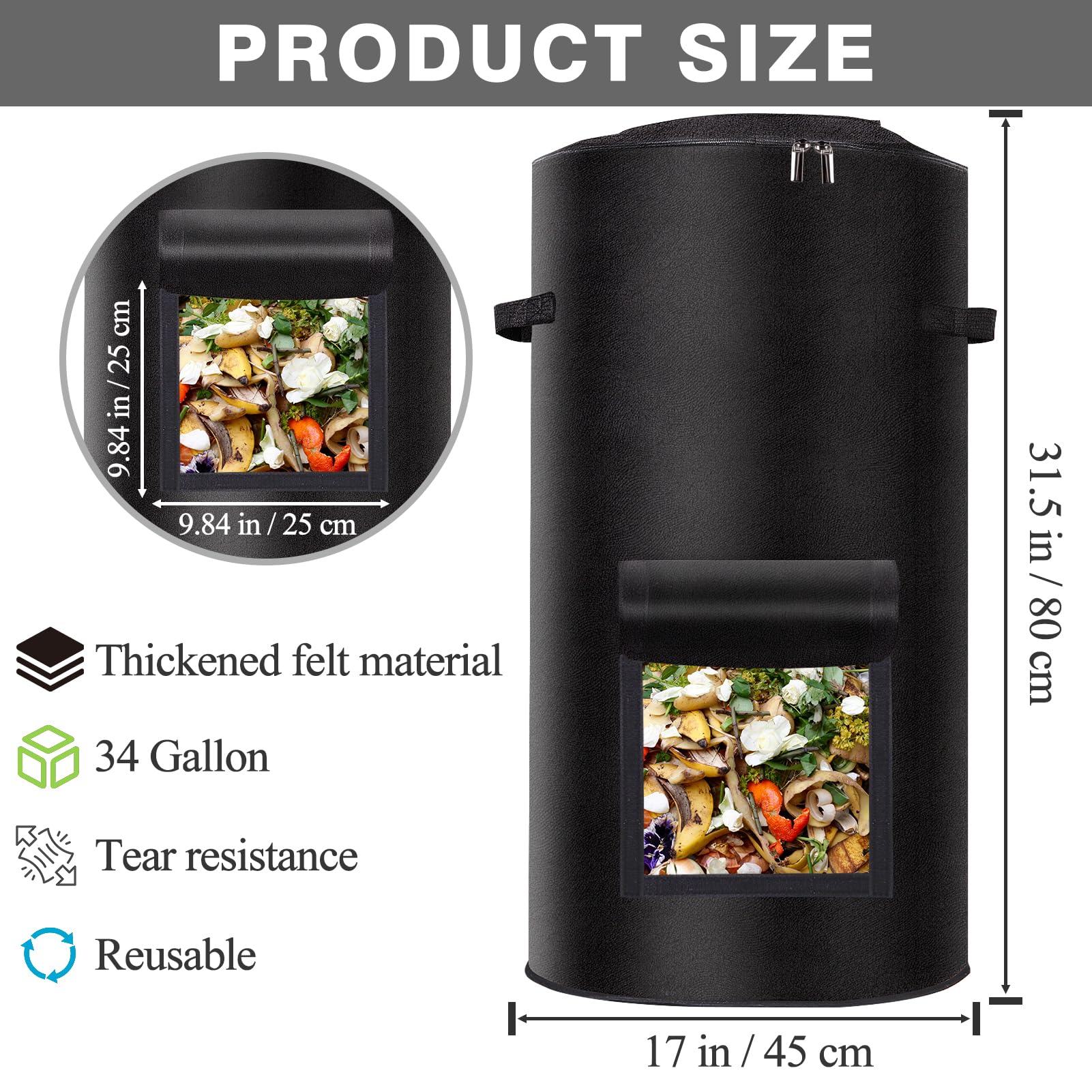 Niuyhe compost bin dual-zipper top enables easy waste addition.