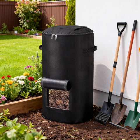 Niuyhe compost bag is portable and folds flat for storage.