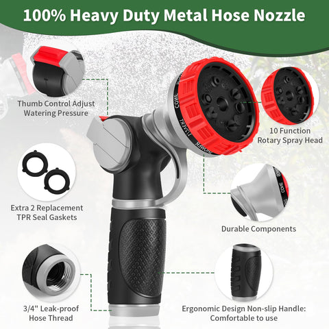Niyopdg hose nozzle shows ten spray patterns for versatile watering.