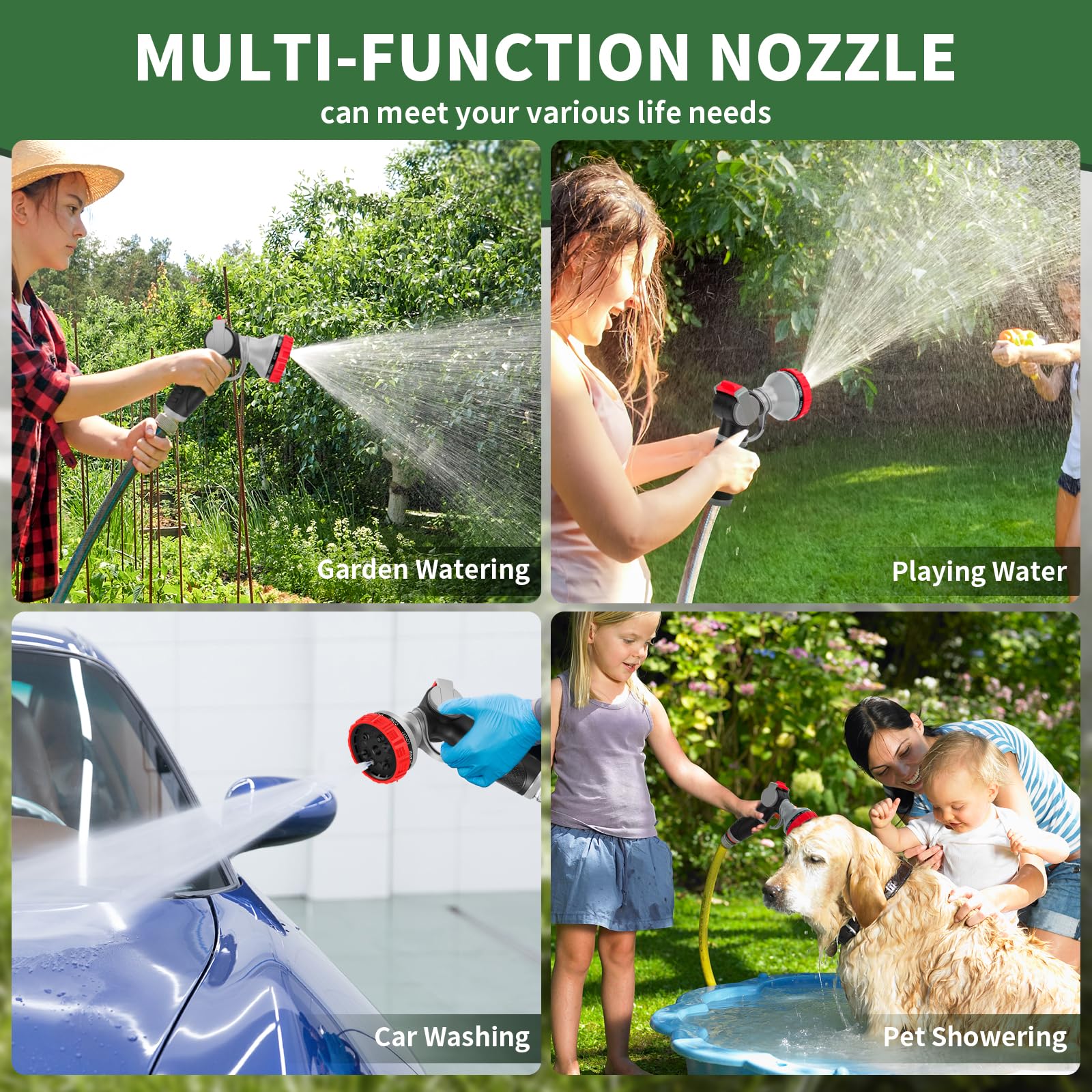 Niyopdg hose nozzle in a garden watering scene with lush plants.