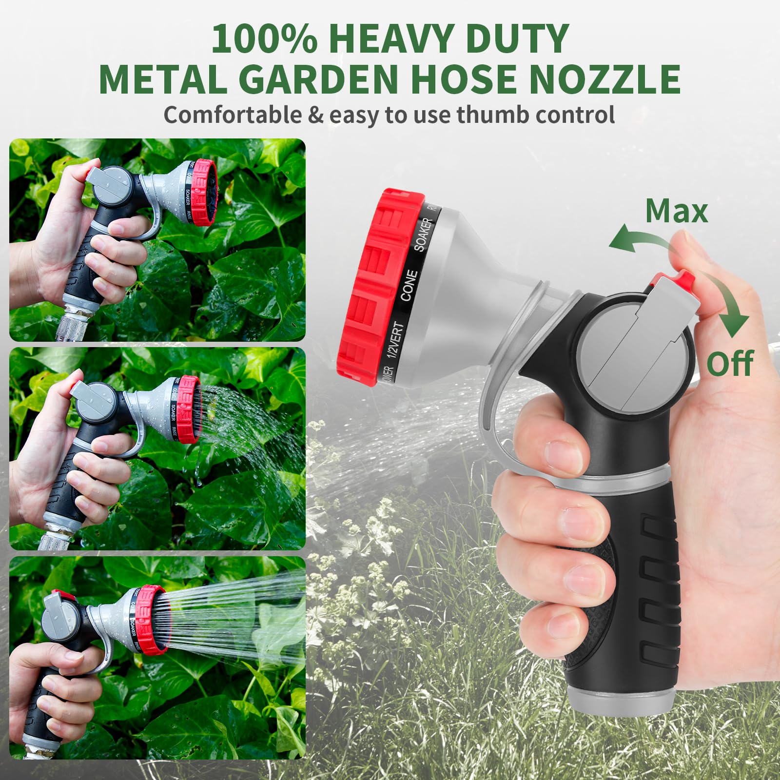Niyopdg thumb-control nozzle enables easy flow adjustment with one hand.