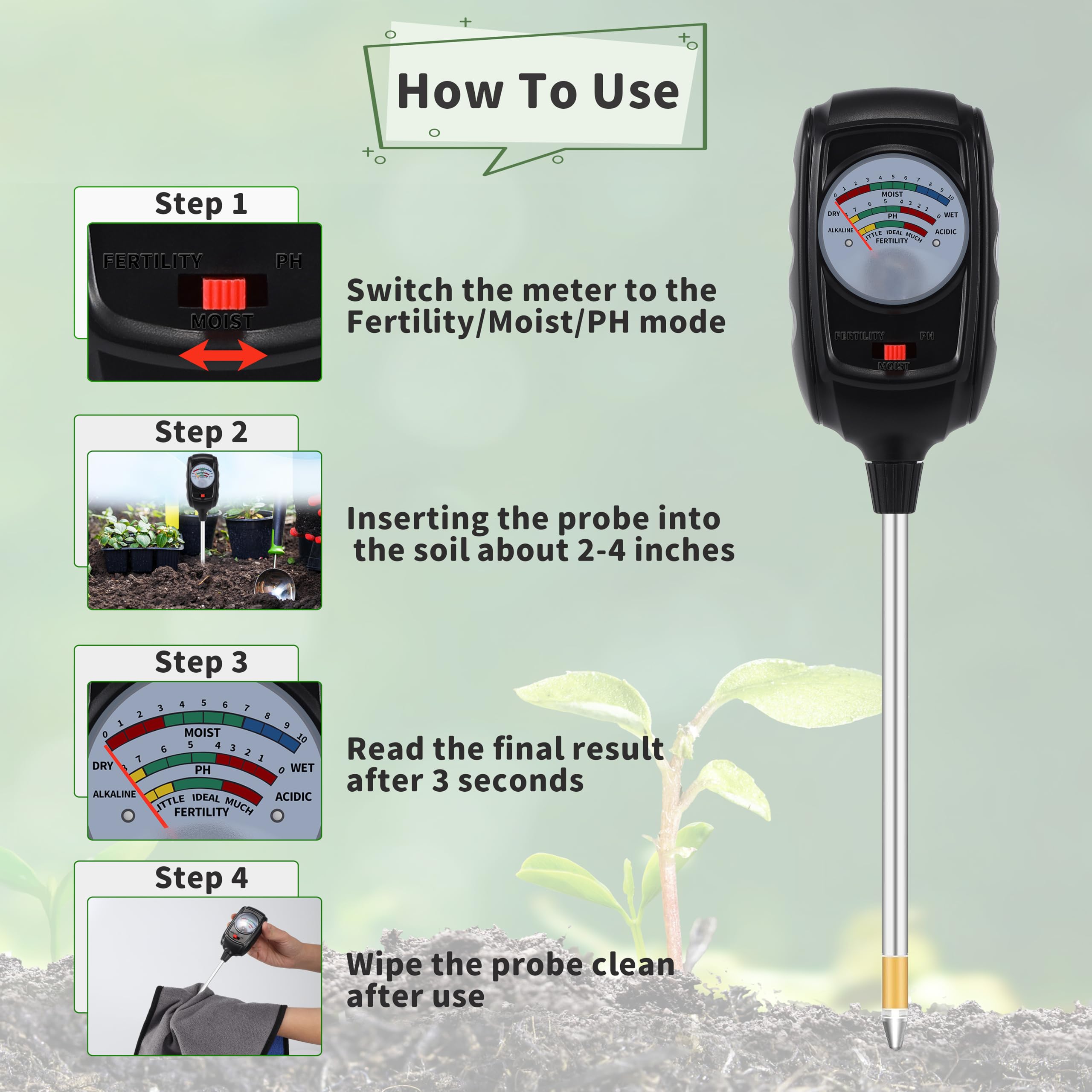 NKJIH fertility tester display indicating soil vitality for healthy plant growth.