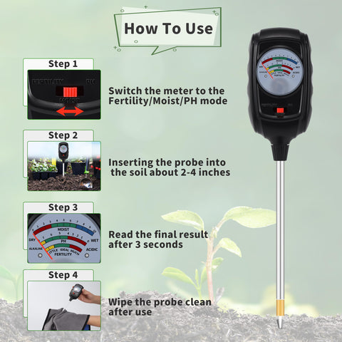 NKJIH fertility tester display indicating soil vitality for healthy plant growth.