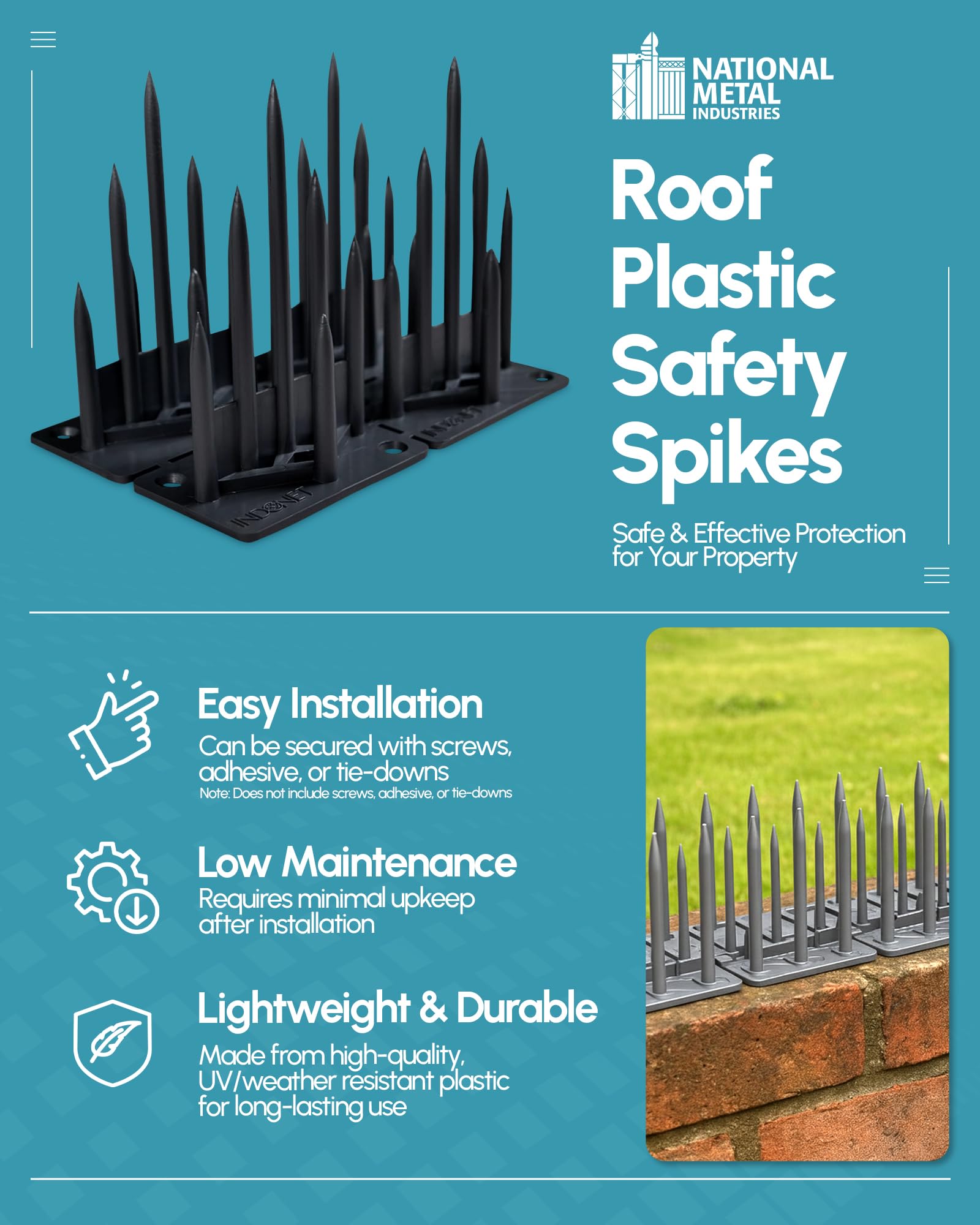 NMI Fence spikes close-up show weather-resistant plastic for outdoors.