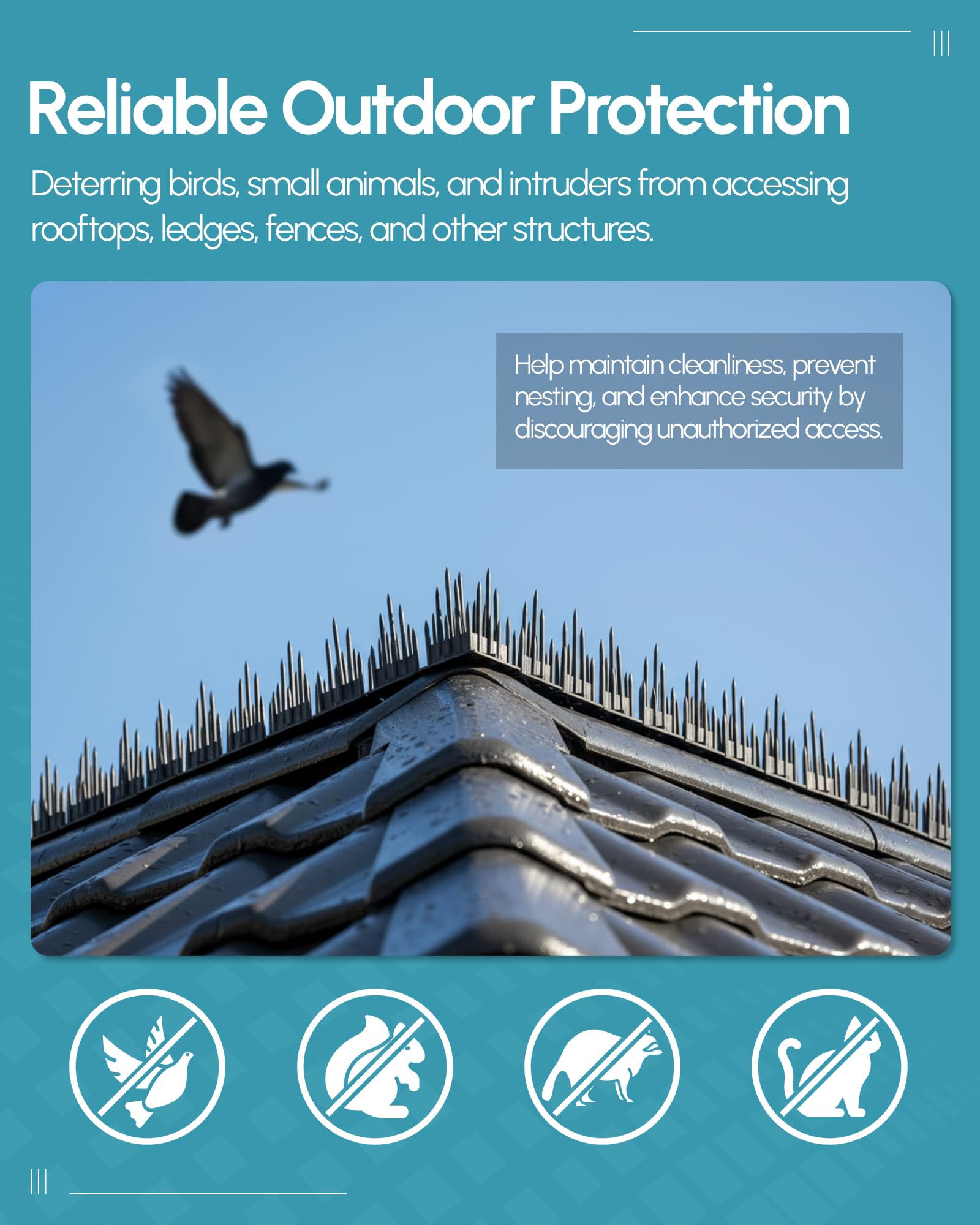NMI Fence spikes on a roof edge deter animals with secure installation.