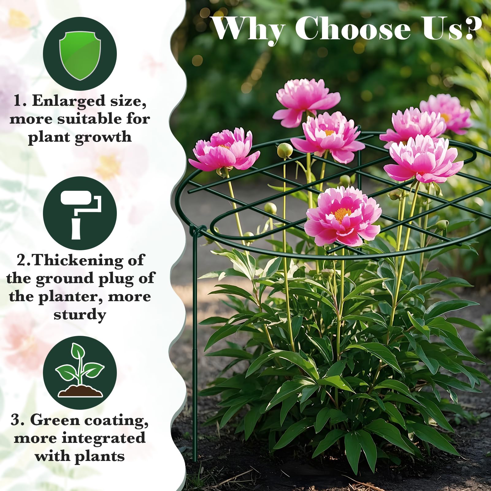 NNG peony cages feature a green coating that blends with garden plants.