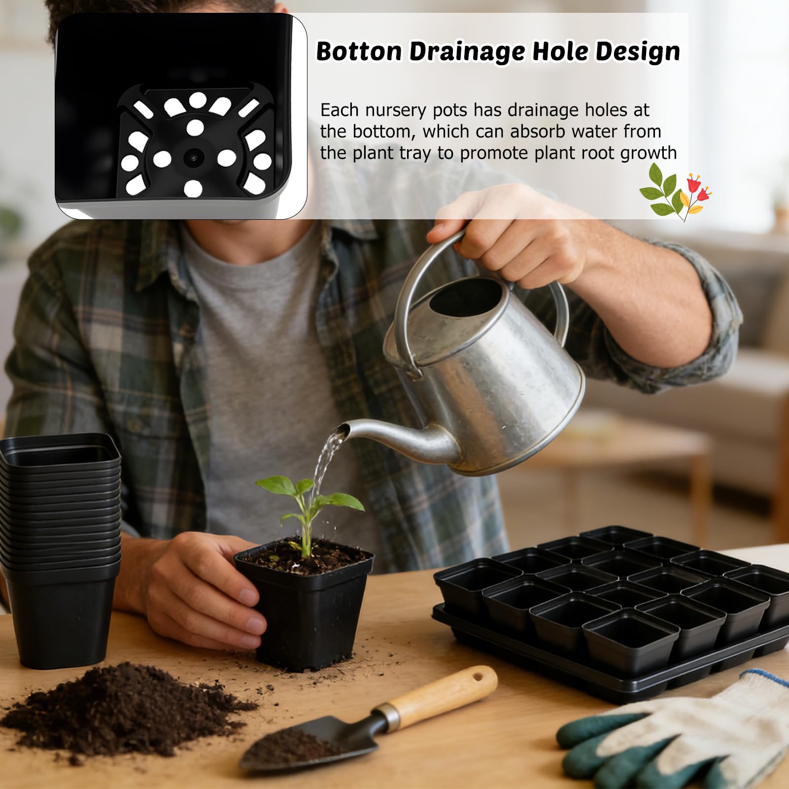 NNG square pot showing drainage holes for aeration