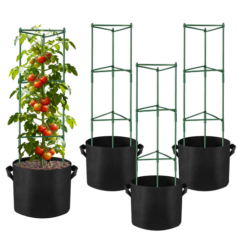 NNG tomato cages 4-pack 48-inch assembly in garden, offering sturdy vertical support for climbing tomatoes.