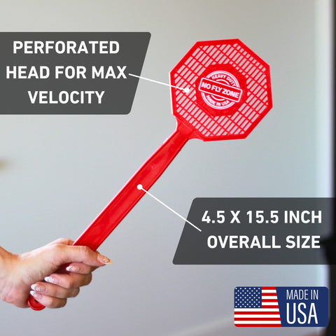 No Fly Zone hanging hole keeps swatters ready at a moment's notice.