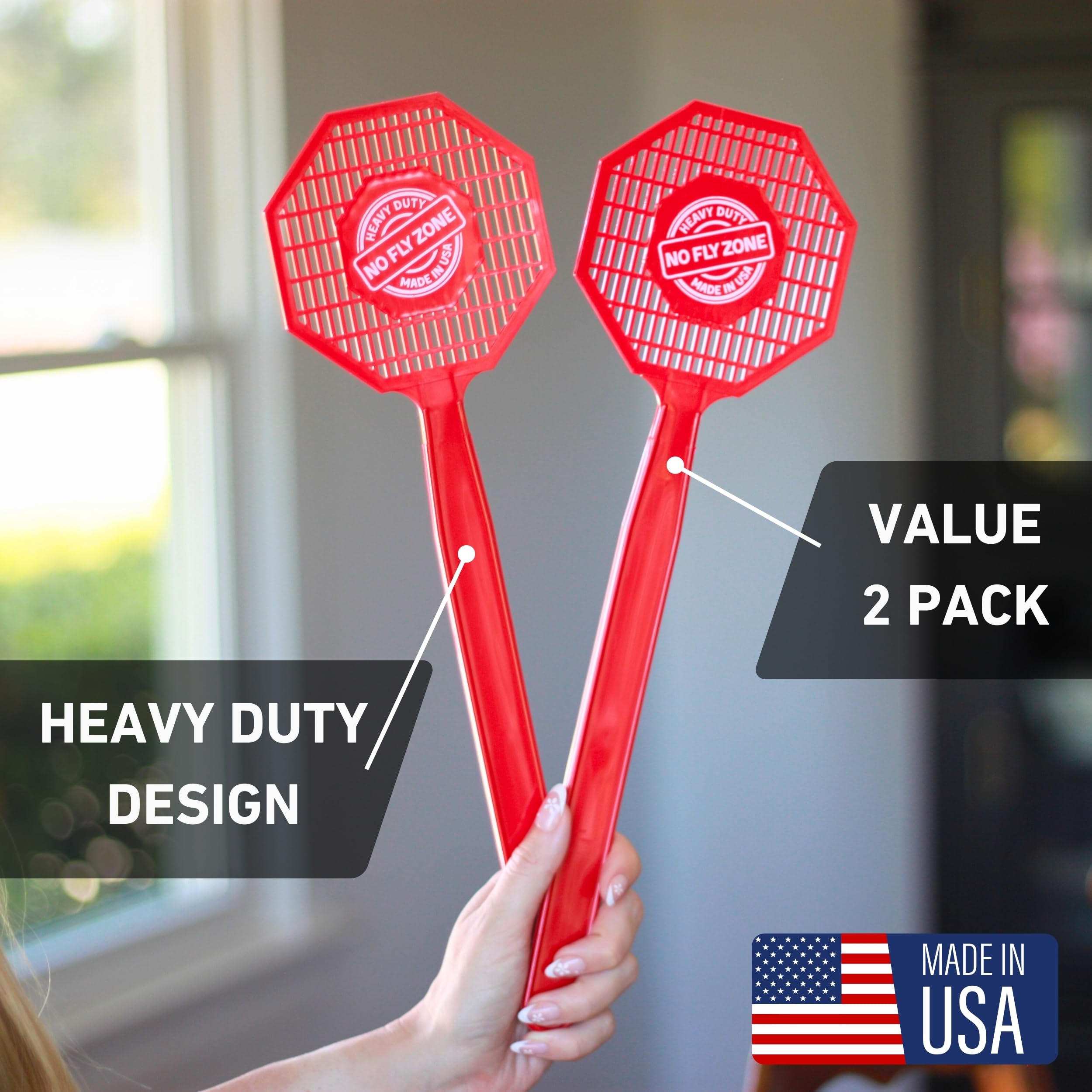 No Fly Zone heavy-duty plastic swatter resists bending for reliable use.