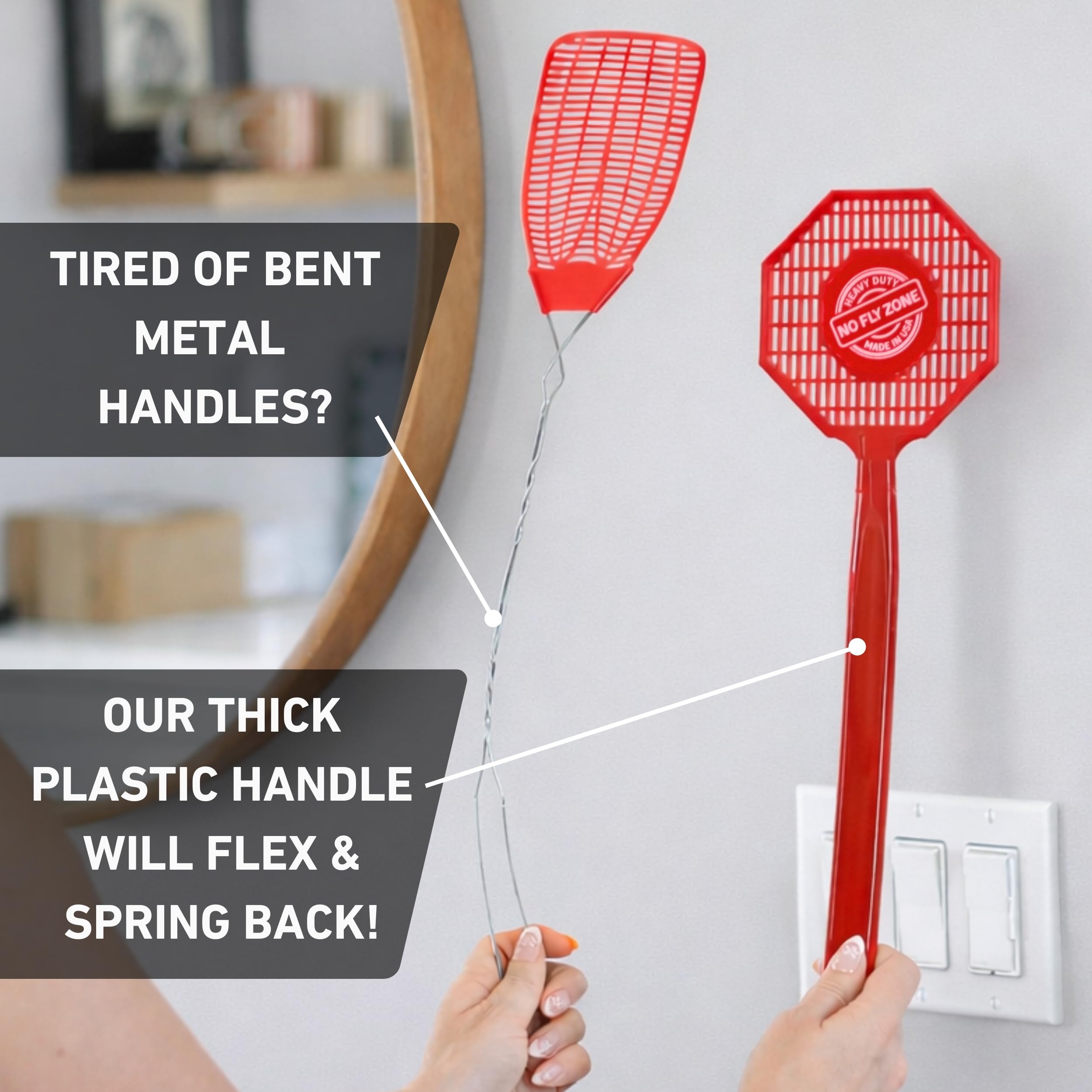 No Fly Zone fly swatter suited for indoor and outdoor use without batteries or cords.