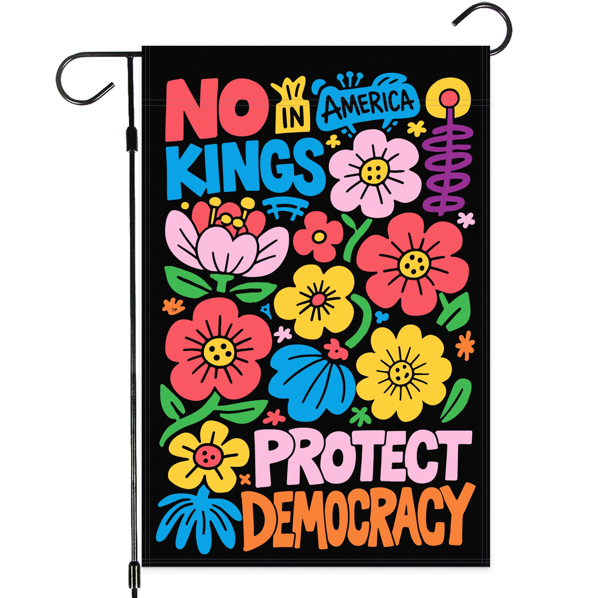 No Kings in Ameri-ca flag fluttering on garden flagpole for outdoor decor