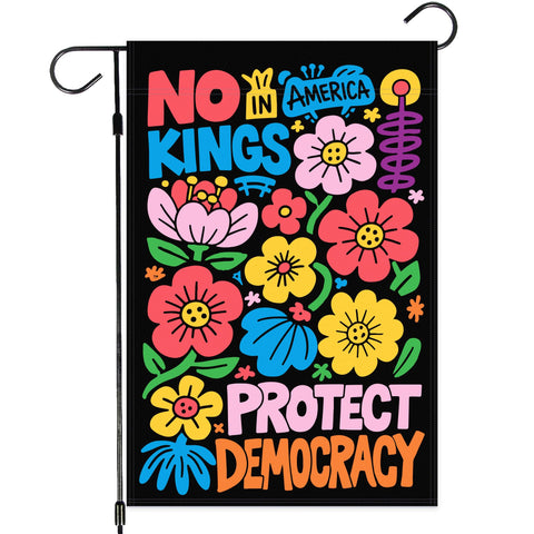 No Kings in Ameri-ca flag fluttering on garden flagpole for outdoor decor