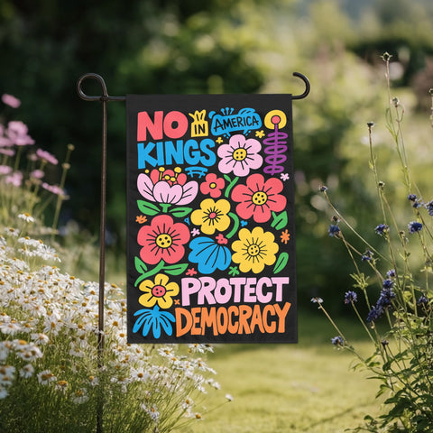 No Kings in Ameri-ca flag measures 12x18 inches for easy outdoor display