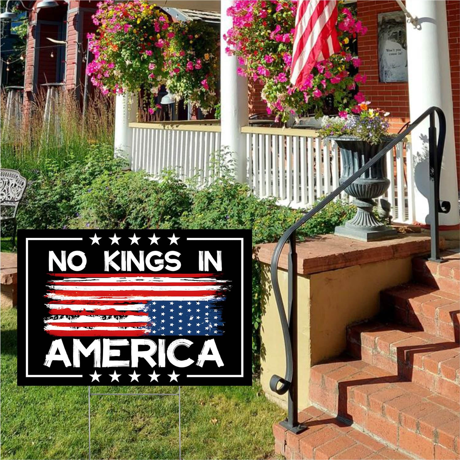 No Kings In America sign double-sided print seen from multiple angles.