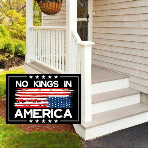 No Kings In America sign black edition for strong curbside presence.