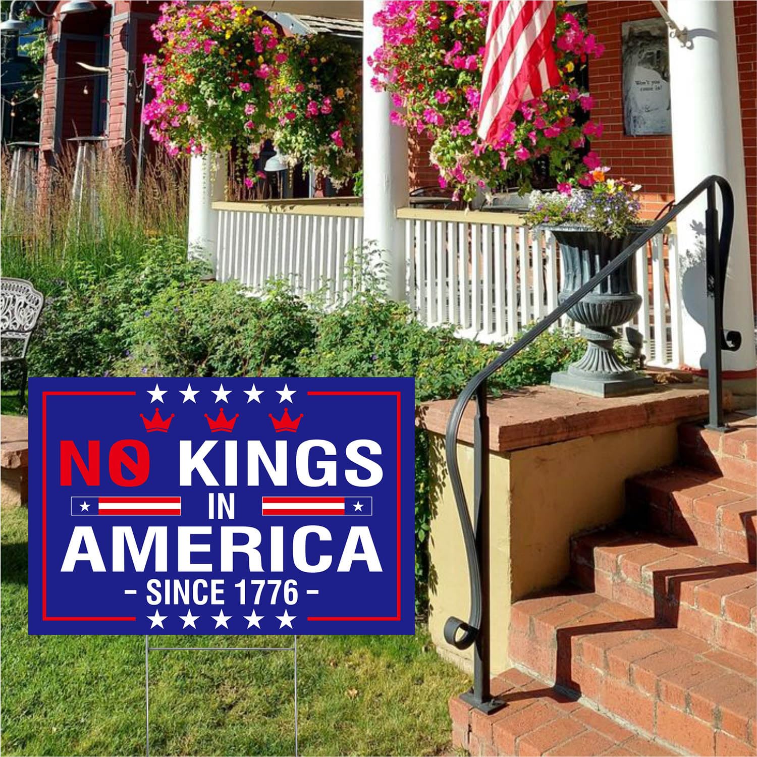 No Kings In America blue 12x18 sign back view for double-sided impact