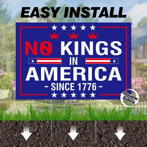 No Kings In America blue sign at a rally setting demonstrates outdoor visibility