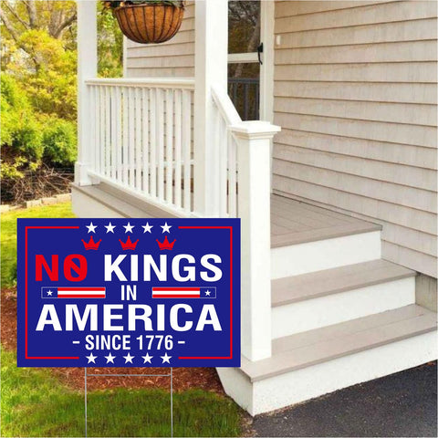 No Kings In America blue yard display with stake ready for easy installation