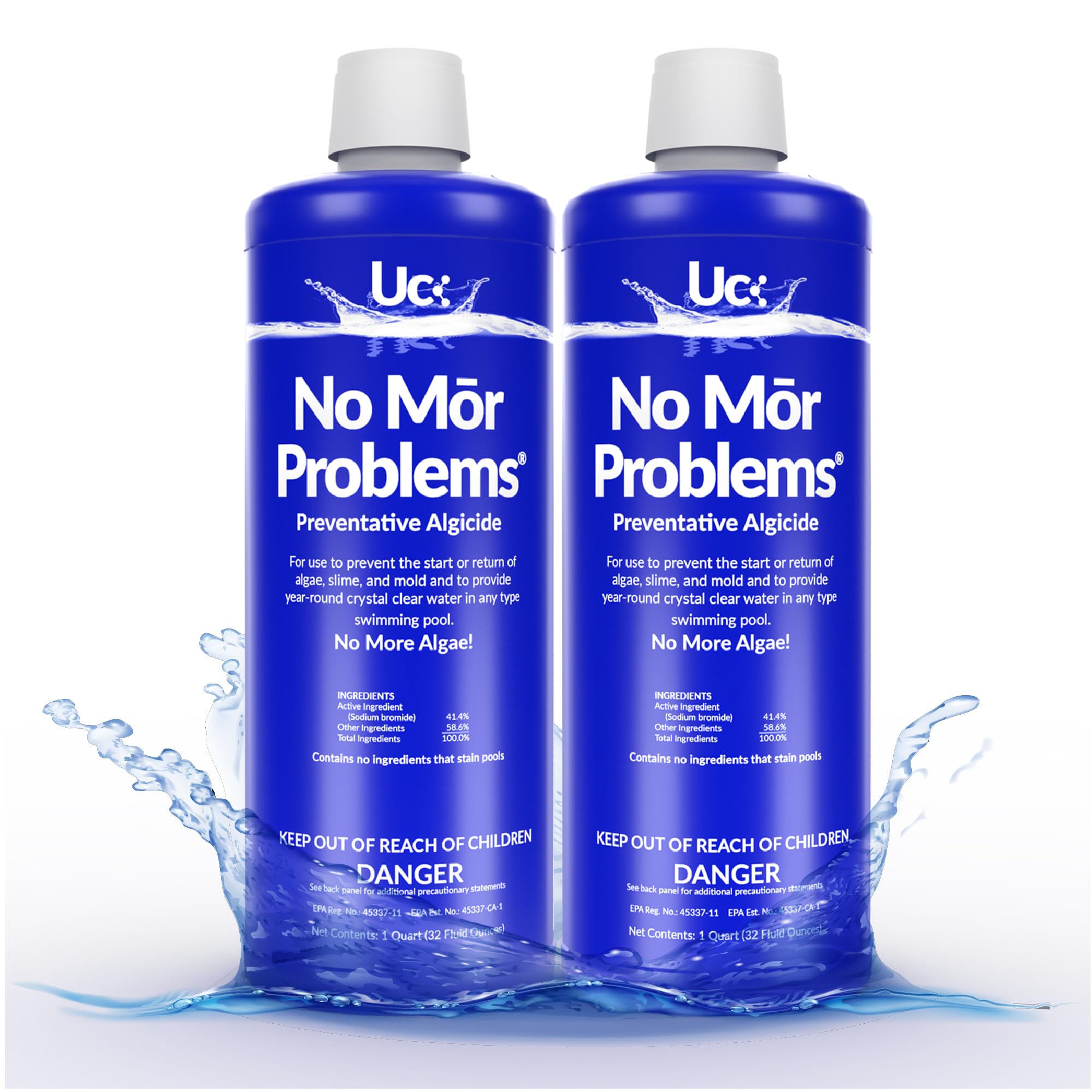 No Mor Problems bottle pouring into pool to prevent algae and bacteria.