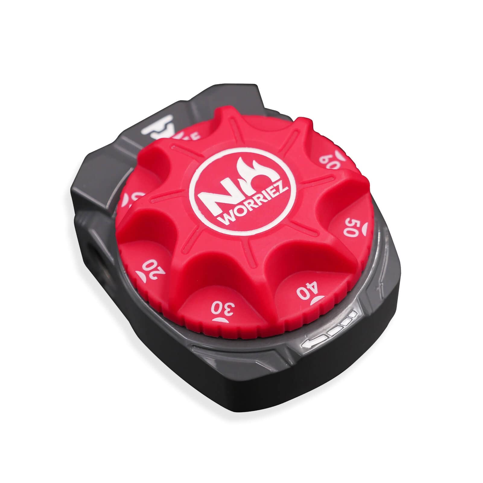 NO WORRIEZ safety timer on a propane outdoor grill for controlled cooking sessions.