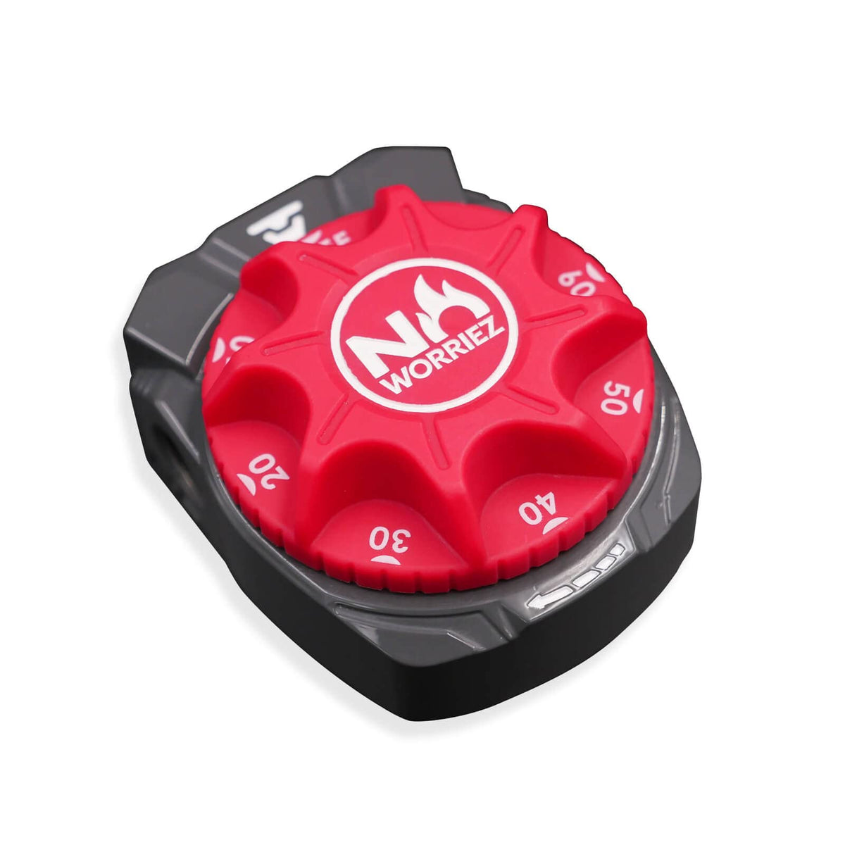 NO WORRIEZ safety timer on a propane outdoor grill for controlled cooking sessions.