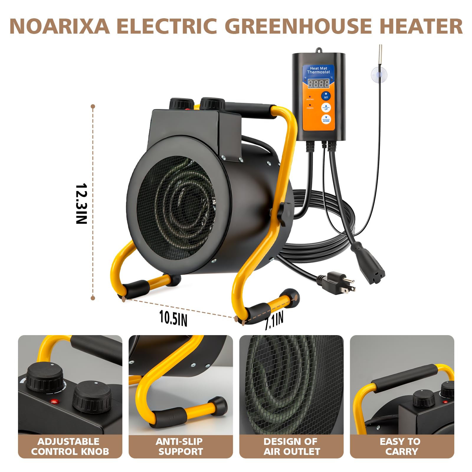Noarixa 1500W greenhouse heater delivering fast warm-up for seedlings