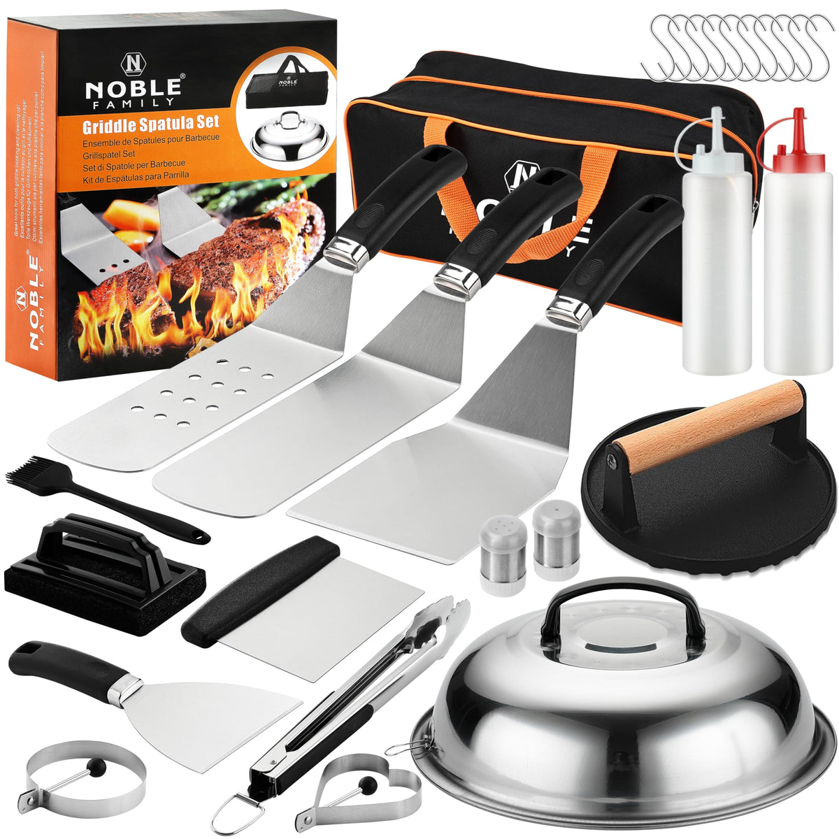 Noble Family griddle spatula long for flipping large portions with control.