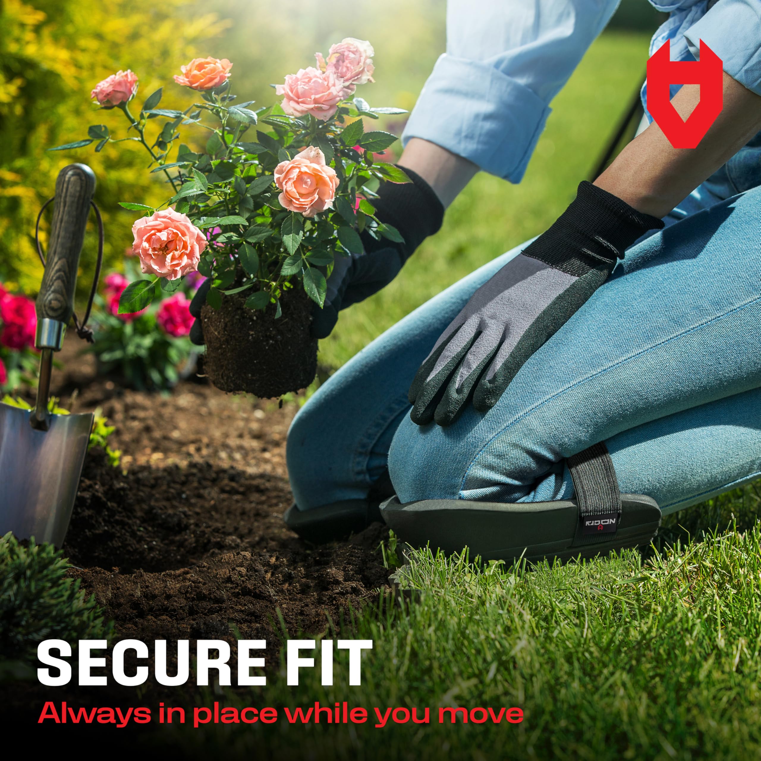 NoCry knee pads with ergonomic design cushioning knees during weeding and painting tasks.