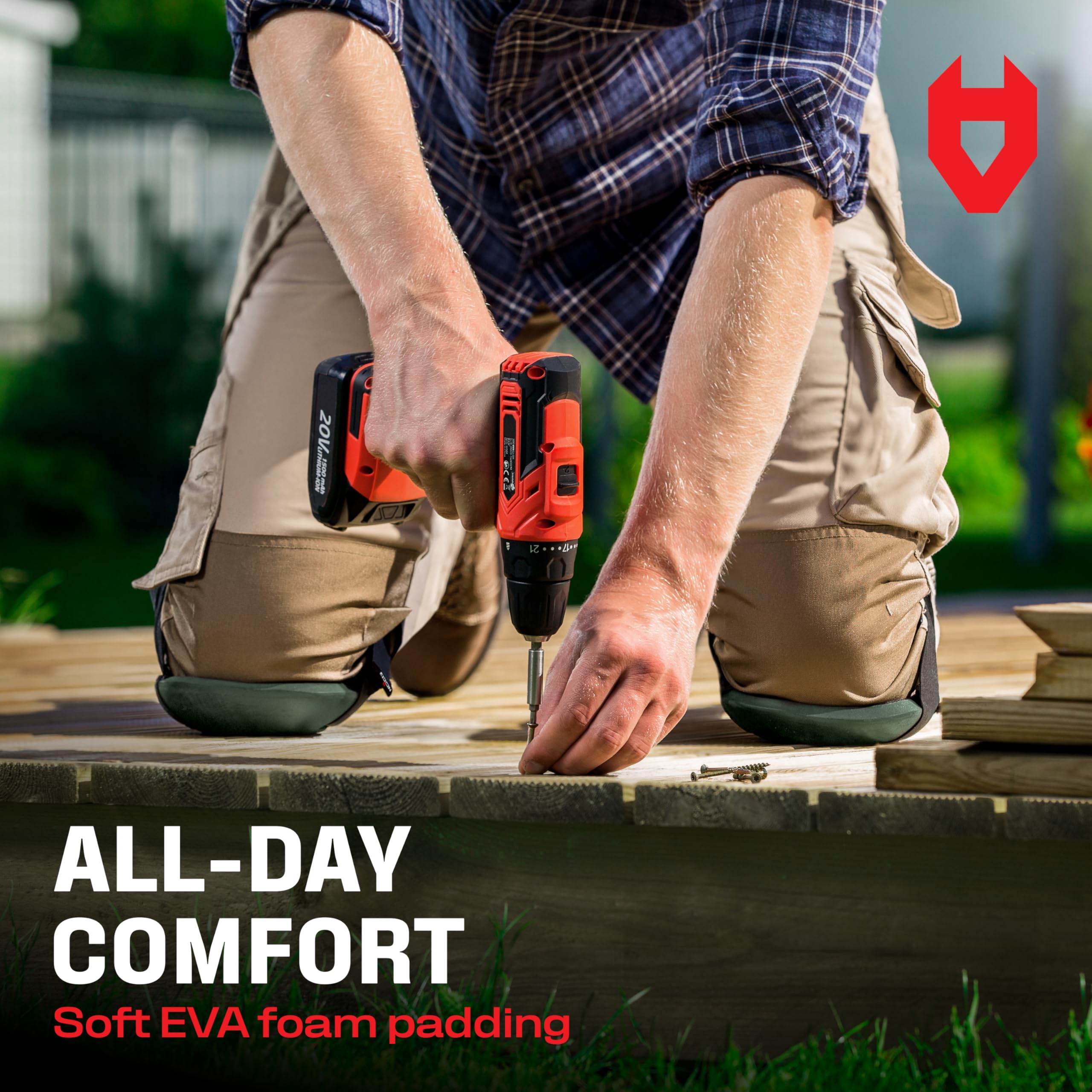 NoCry knee pads providing a secure fit without pinch or tug for comfortable kneeling.