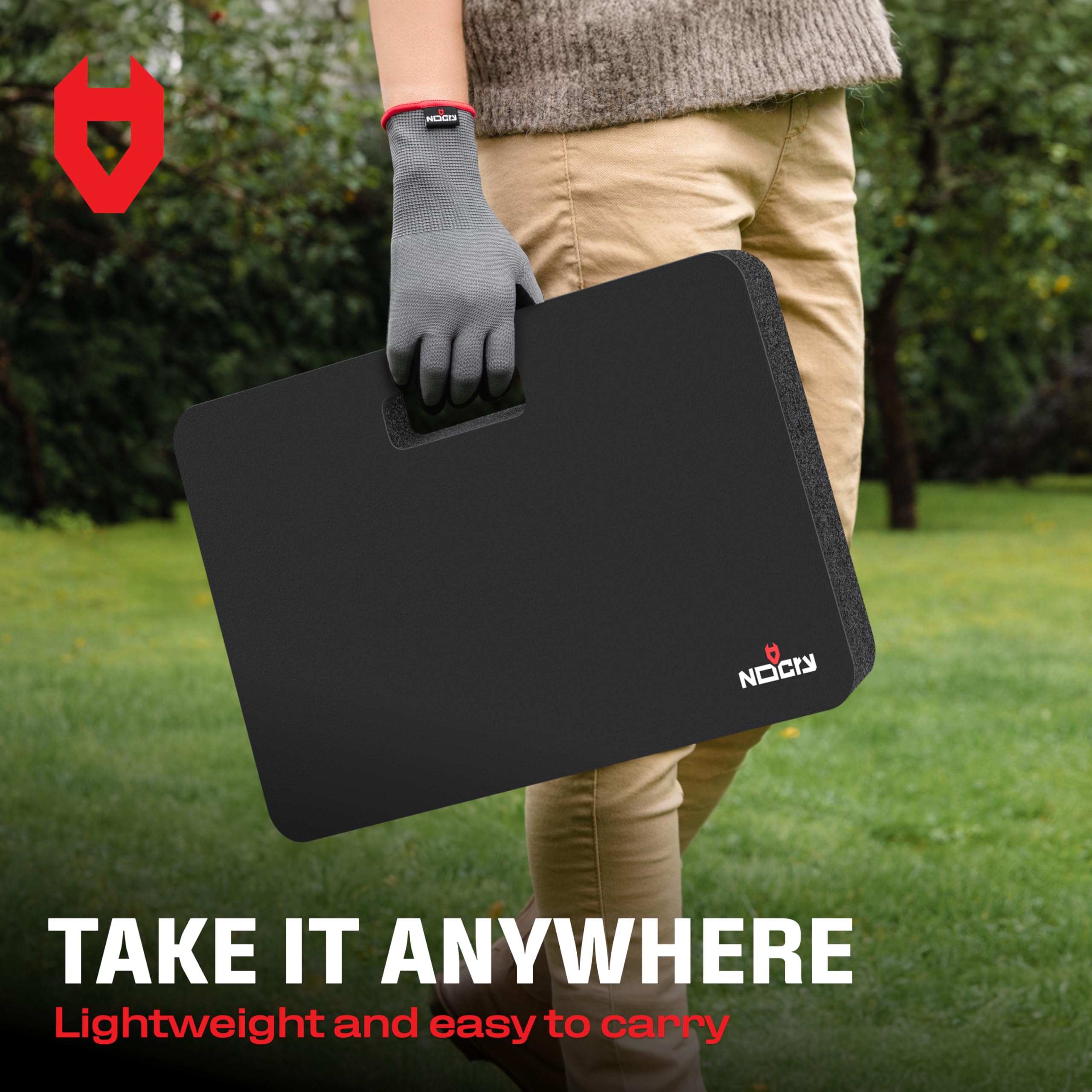 NoCry kneeling pad removable handle for easy transport and storage.