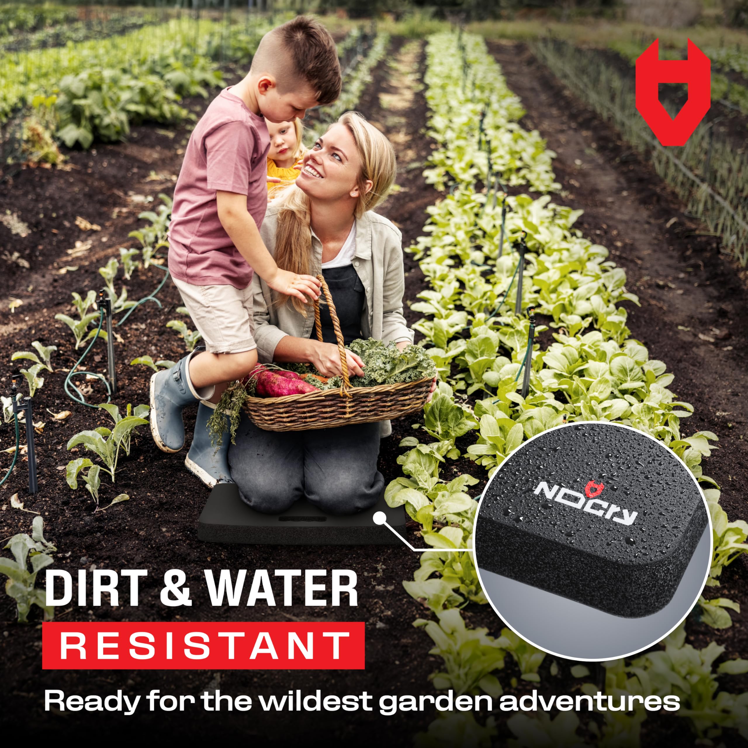 NoCry kneeling pad material close-up highlighting water and dirt resistance for outdoor use.