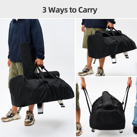 Chimney disassembly stored in top bag for compact transport.