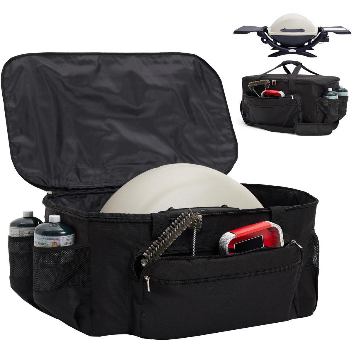 NOELIFE padded carry bag for Weber Q1200 showing secure fit for outdoor trips
