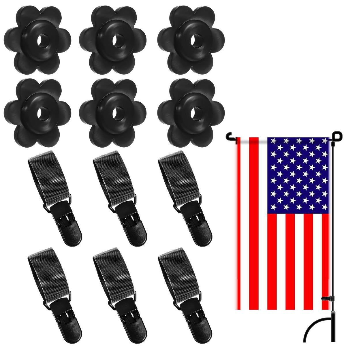 Nogeqi 12 pack garden flag clips securely hold outdoor flags in windy conditions.