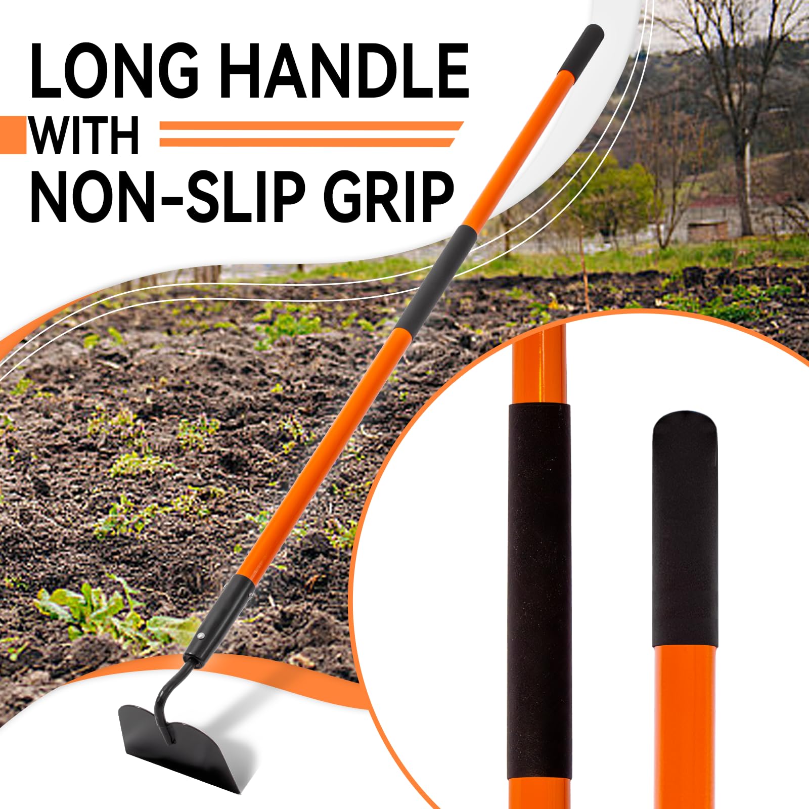 Nohovu garden hoe fiberglass handle with non-slip grips for secure control.
