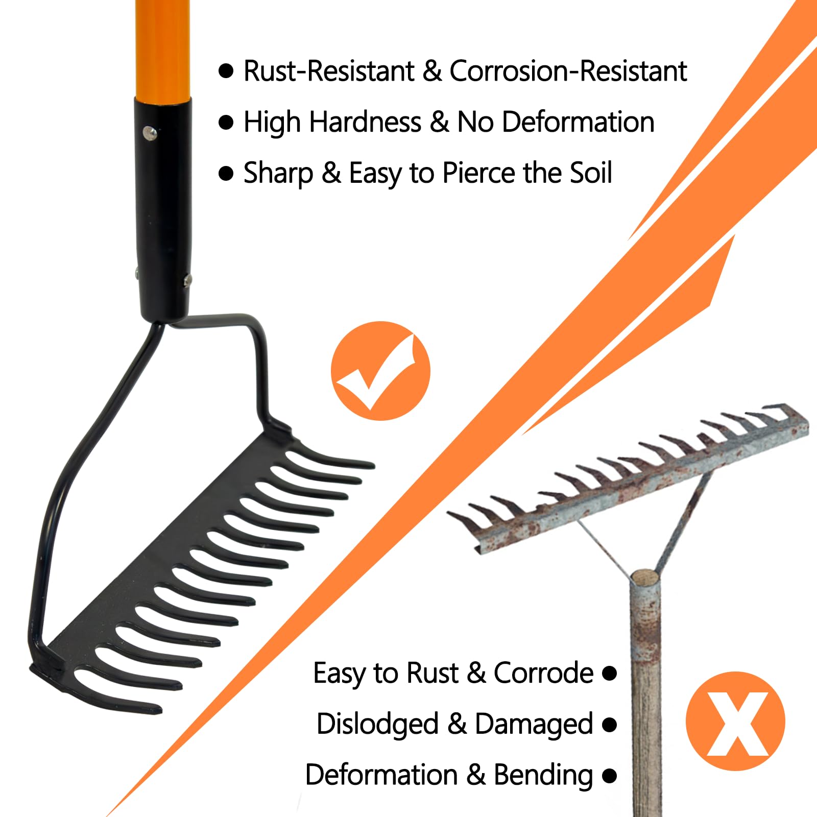 Nohovu Garden Rake rust-resistant coating protects against moisture