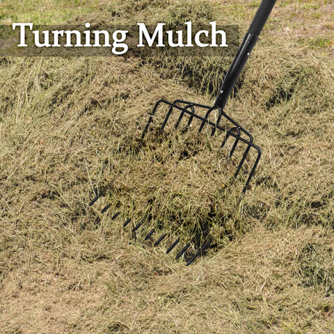 Nohovu pitchfork at 45-inch length reducing bending during gardening tasks.