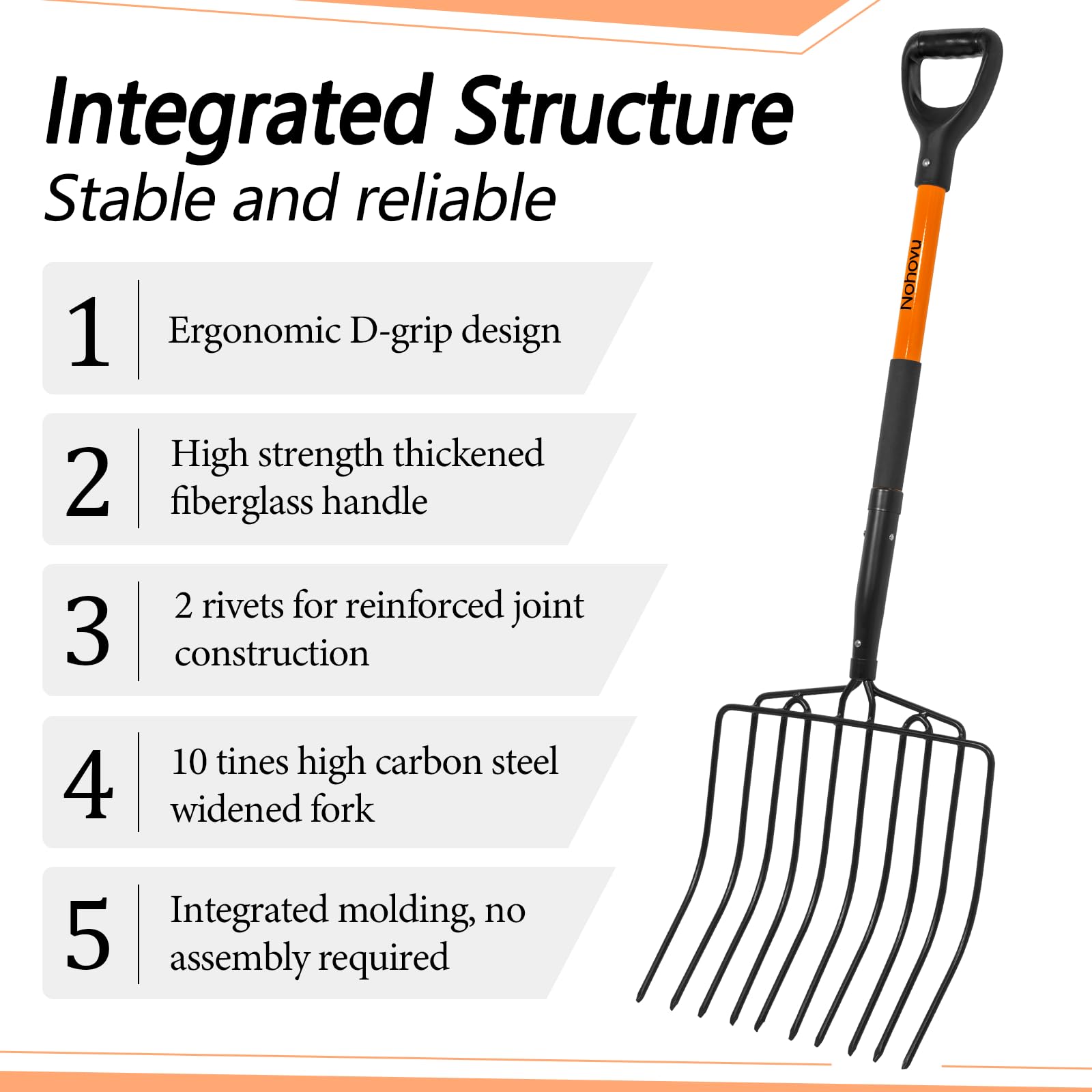 Nohovu pitchfork curved head design aiding debris movement and soil work.