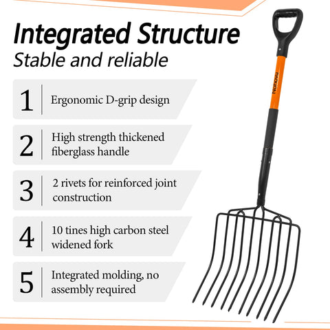 Nohovu pitchfork curved head design aiding debris movement and soil work.
