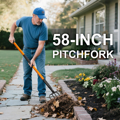 Nohovu wide-head 5-tine pitchfork for efficient mulching