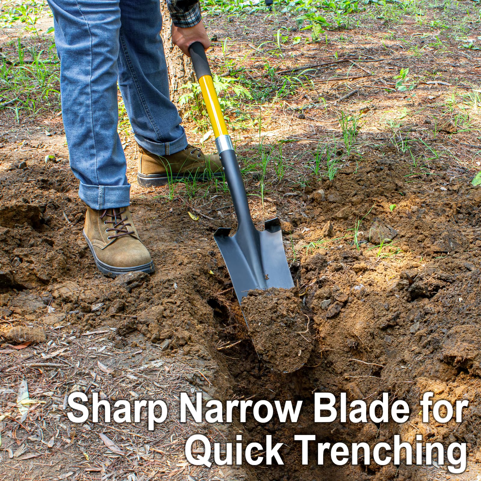 Nohovu shovel narrow blade in trenching position enhances digging precision.