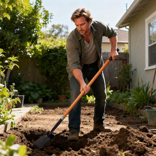 Nohovu trench shovel highlighting a V-shaped head to keep soil in the blade.