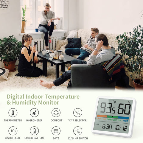 NOKLEAD Hygrometer wall-mount view demonstrates versatile placement with adhesive pad