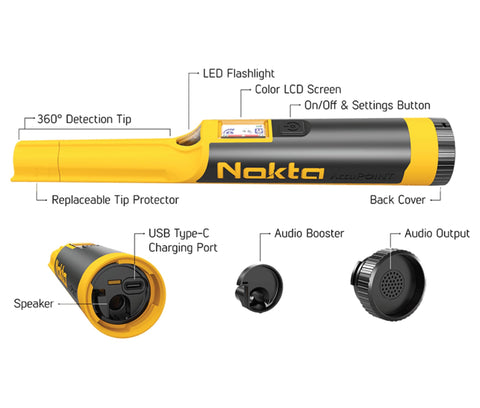 NOKTA AccuPOINT close-up showing the color LCD screen for battery life and sensitivity.