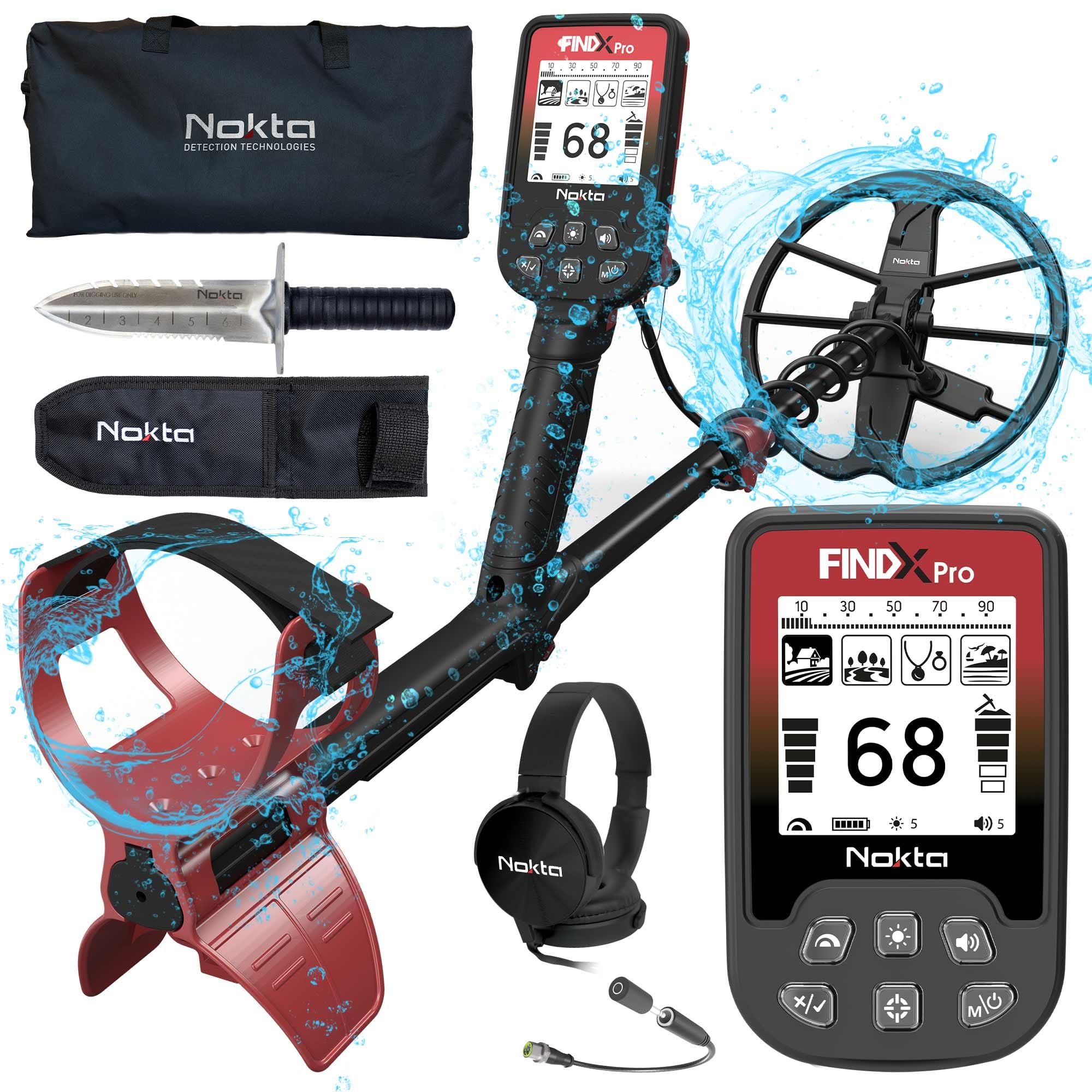 NOKTA FINDX PRO metal detector front view showing ergonomic handle for prolonged use.