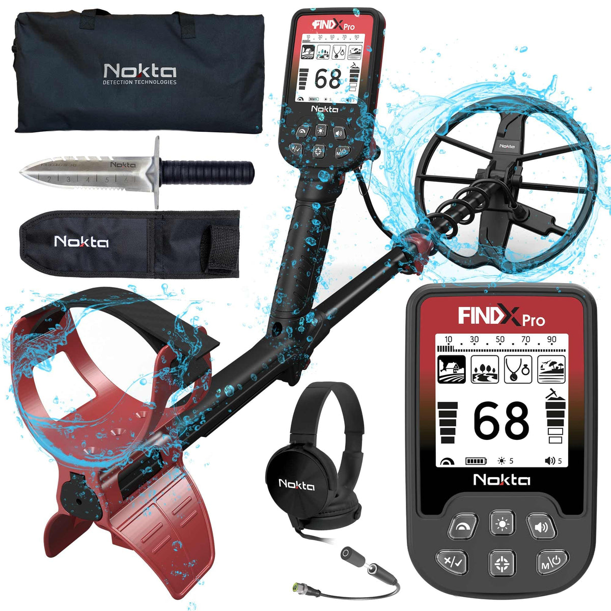 NOKTA FINDX PRO metal detector front view showing ergonomic handle for prolonged use.